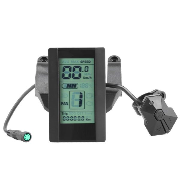 E-bike display showing speed, battery, and trip data in MPH and Km/h, along with PAS settings.