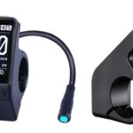 E-bike display and throttle. Displays speed, battery level, and assist level.