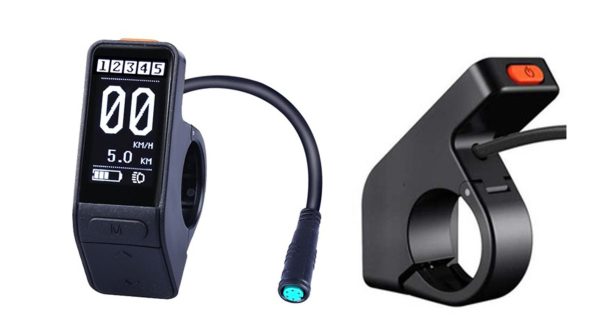 E-bike display and throttle. Displays speed, battery level, and assist level.